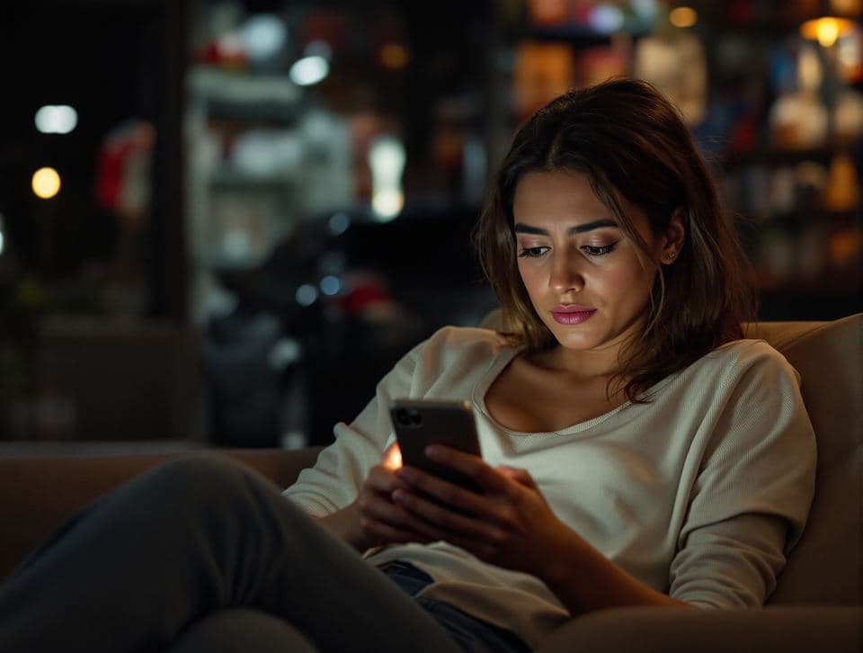 Cliente desapontada olhando o celular à noite