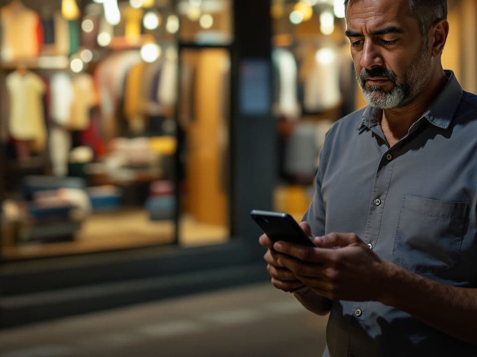 Cliente impaciente esperando resposta no celular em frente a uma loja